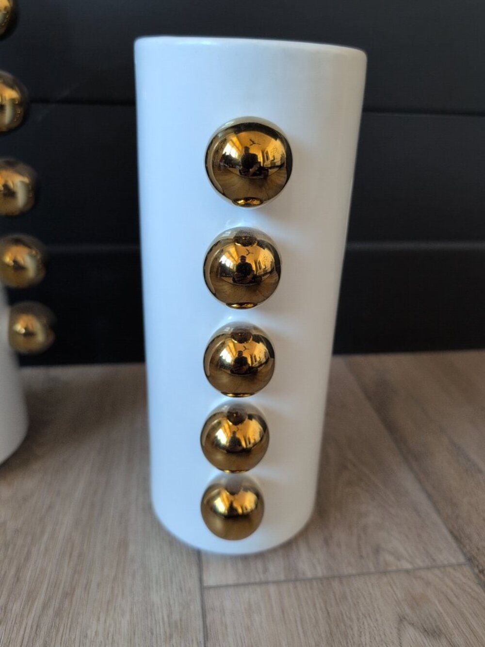 Set Of 2 Ceramic White Cylindrical Decorative Vases With Gold Accents - Picture 3 of 8